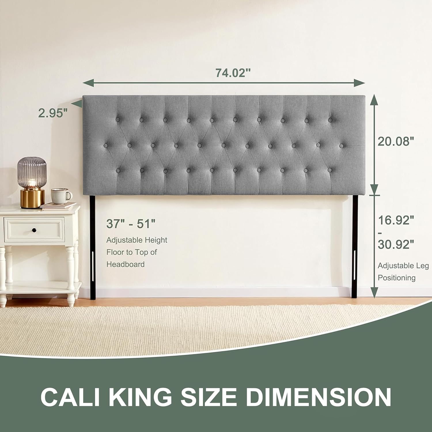 Huatean Home Tufted Upholstered Headboard California King Size, Solid Wood Head Board with Durable Metal Legs, Adjustable Height Bed headboard from 37' to 51' Fabric Headboard in Button Design, Grey