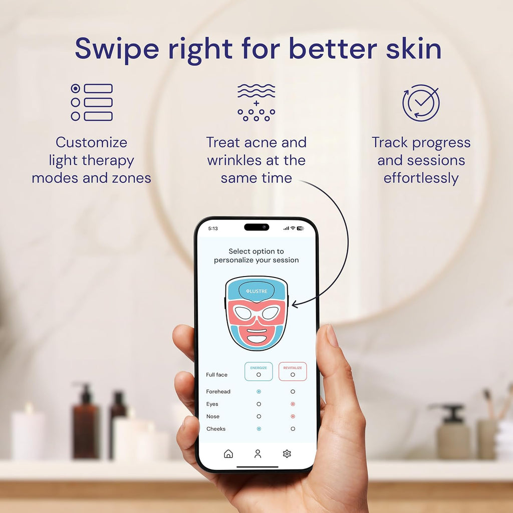 LED Face Mask Light Therapy for Acne & Anti-Aging Skincare | FDA-Cleared, Wireless & App-Controlled | Blue, Near-Infrared & Red Light Therapy Mask for Face - Lustre ClearSkin Renew Pro Facewear