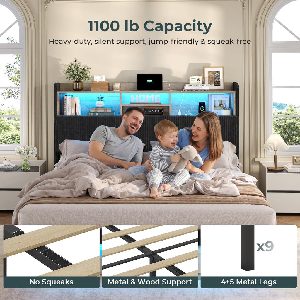 ADORNEVE Queen Bed Frame with 4 Storage Drawers, 2 Footboard Cubbies and RGB Lights, Corduroy Upholstered Platform Bed with Charging Station and Storage Headboard, No Box Spring Needed, Black