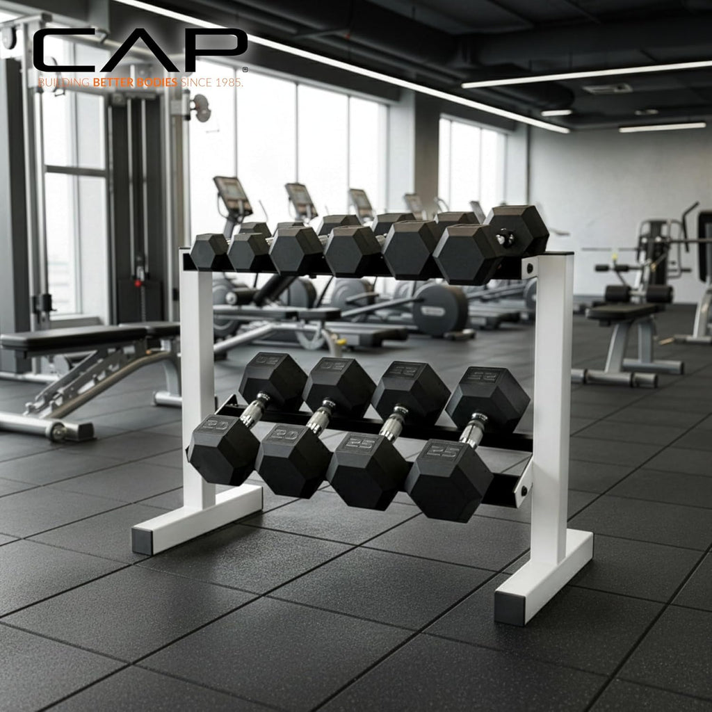 CAP 150 LB Dumbbell Set with 2-Tier Rack, Rubber Hex Free Weights Set, Home Gym Weight Set with Horizontal Storage Rack for Strength Training