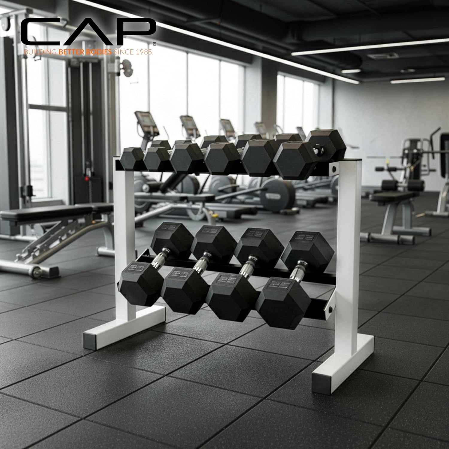 CAP 150 LB Dumbbell Set with 2-Tier Rack, Rubber Hex Free Weights Set, Home Gym Weight Set with Horizontal Storage Rack for Strength Training