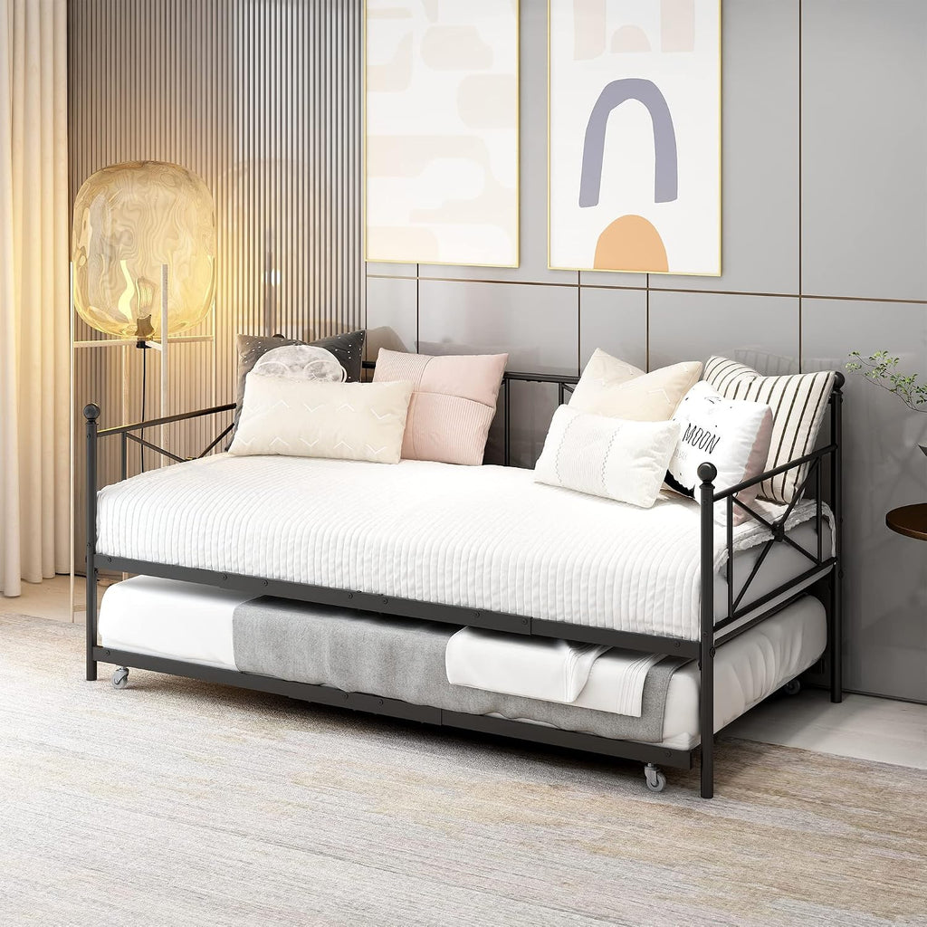 Sofa Bed Daybed with Trundle Sofa Bed Frame with Headboard,Premium Steel Slat Support,Multifunctional Mattress Foundation,Twin,Black