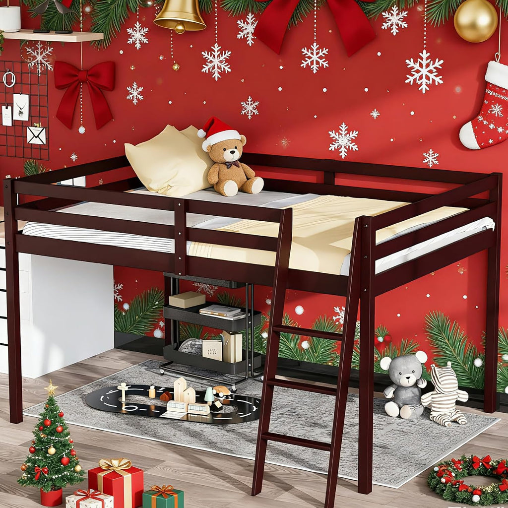 VINGLI Junior Low Loft Bed with Inclined Stairs, Wood Loft Bed Full Size for Adults, Kids and Young Teens, No Box Spring Required,Wood Slat Support, Espresso