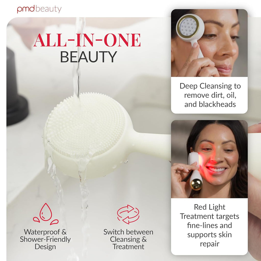 Clean, Acne, and Redvolution - Electric Facial Cleansing Brush, Smart Facial Device with Silicone Brush & Anti-Aging Massager, Red and Blue LED Light