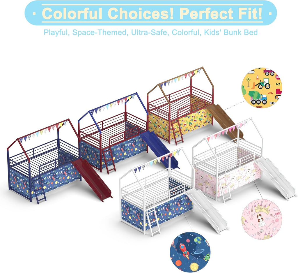 Jack Metal Junior House Twin Loft Bed with Slide and Curtain Set, Navy Blue and Red, 76.7' L x 97.8' W x 74.7' H