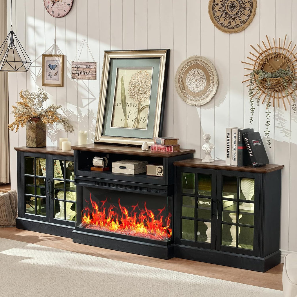 ROCKPOINT 97' Classical Farmhouse Fireplace TV Stand with 3 Sided Glass 36' Electric Fireplace Heater for TVs up to 100',Media Entertainment Center with Adjustable Shelves and Storage Cabinets,Black