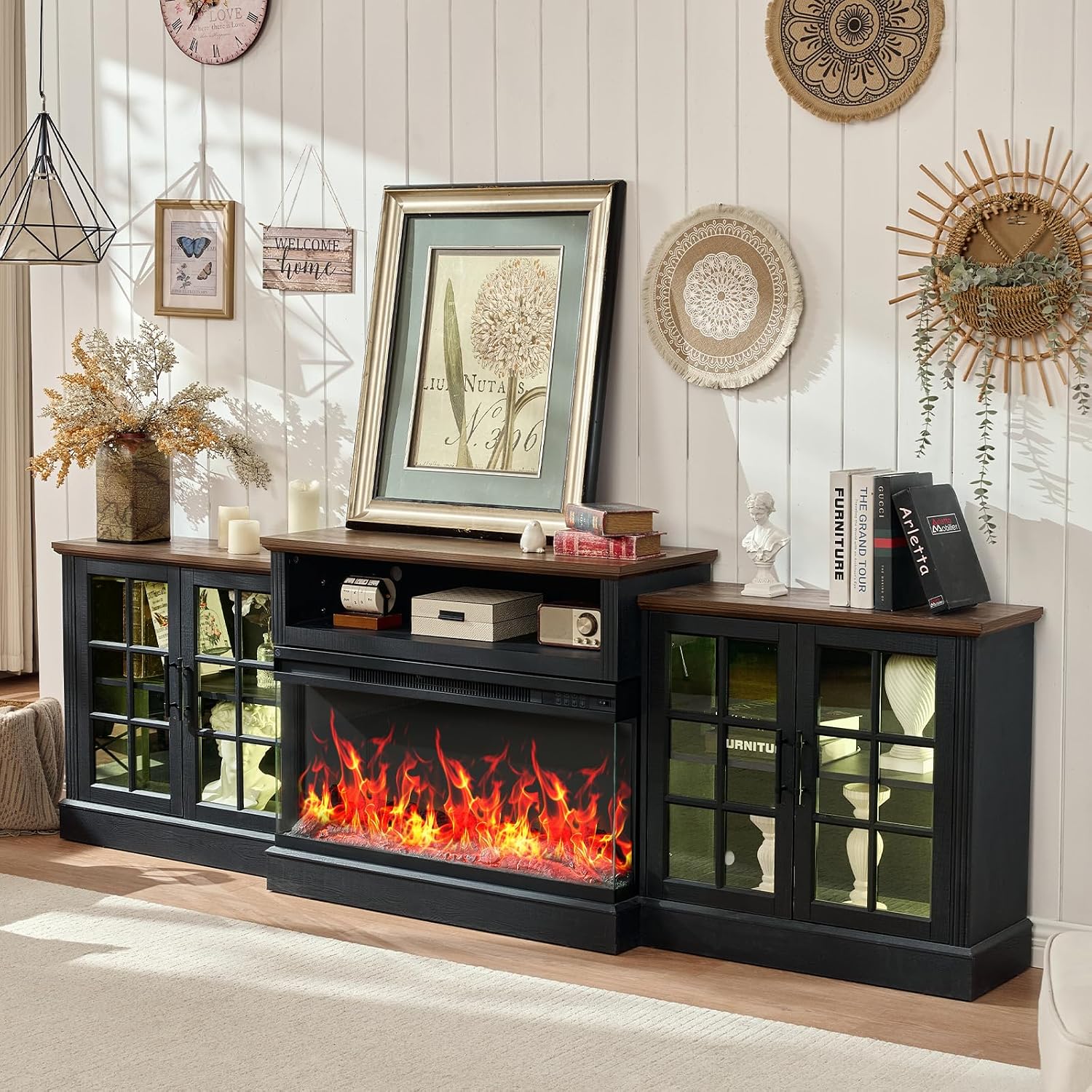 ROCKPOINT 97' Classical Farmhouse Fireplace TV Stand with 3 Sided Glass 36' Electric Fireplace Heater for TVs up to 100',Media Entertainment Center with Adjustable Shelves and Storage Cabinets,Black