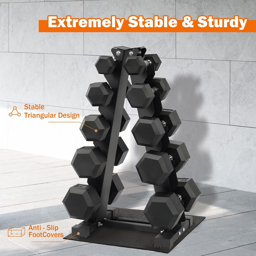 Fitvids Dumbbell Set with Rack, Rubber Coated Hex Dumbbell Weights in 150lbs, 5, 10, 15, 20, 25lbs Pair, Black