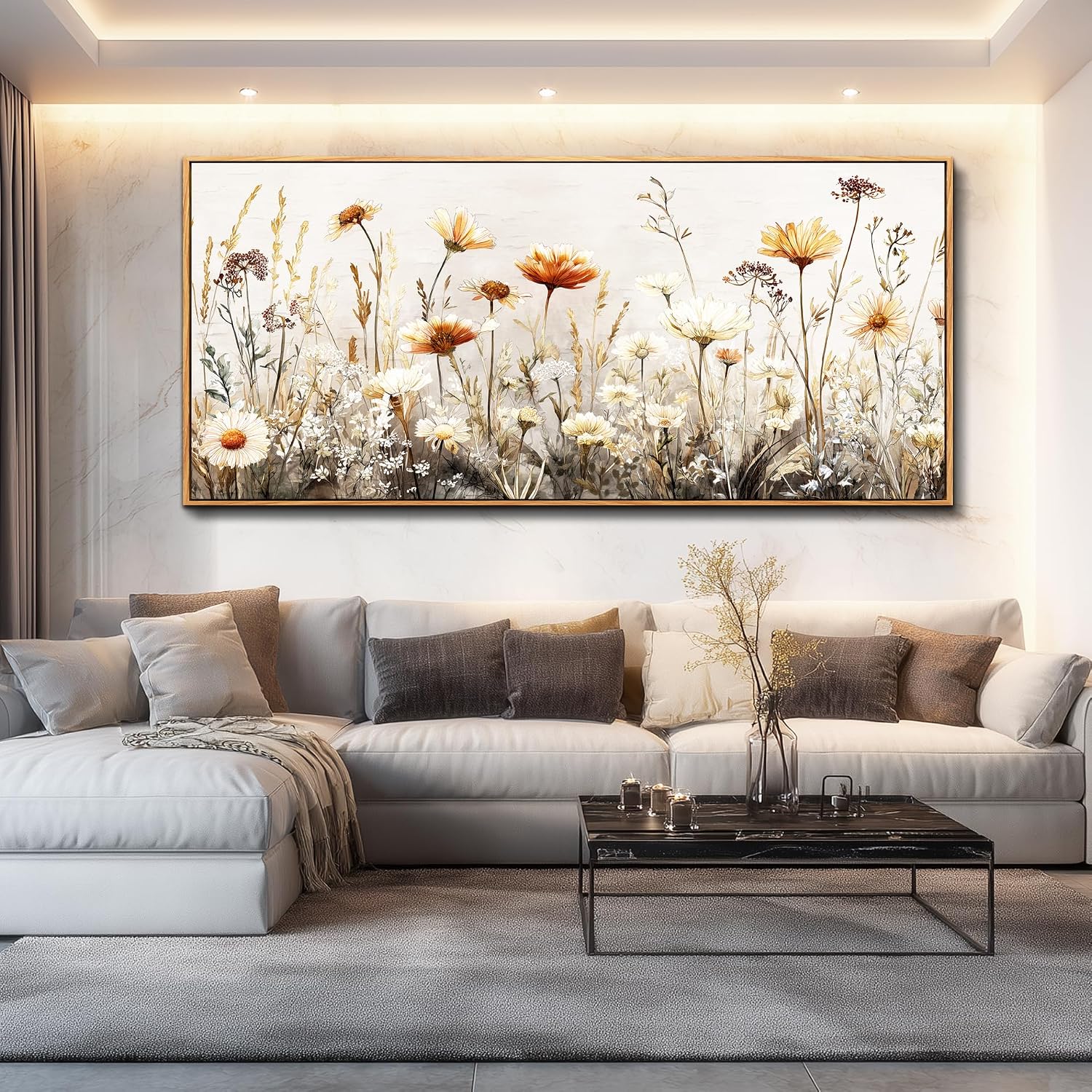 QIYILEXWART Large Wall Decor For Living Room Canvas Wall Art For Office Modern Wall Decorations For Bedroom Neutral Wildflower Landscape Painting Farmhouse Pictures Home Decor 32x72 In