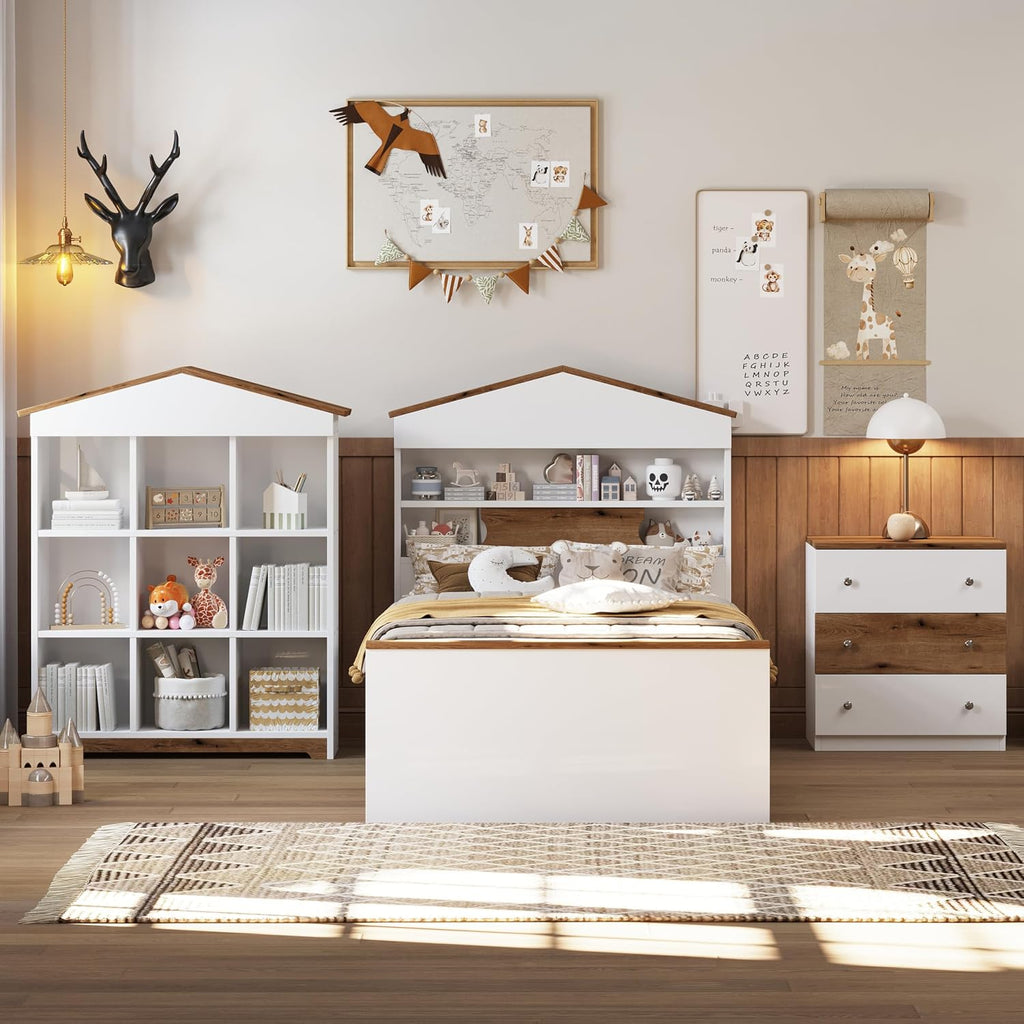 3 Pcs Bedroom Sets, Twin Size House Shaped Wooden Bed with Storage Drawers, Nightstand with Colorblock Design and House Shaped Stroage Rack, Brown+White