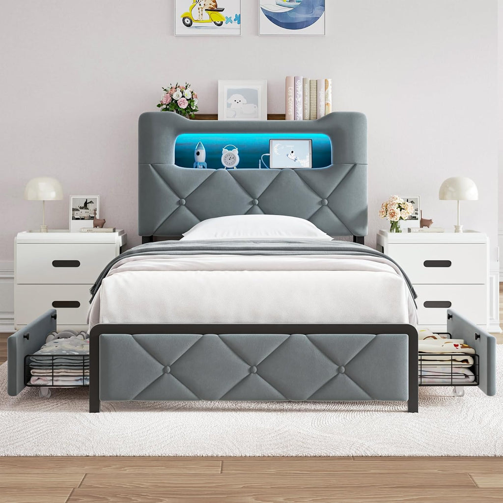 Jocoevol Twin Upholstered LED Bed Frame with 2 Storage Drawers and 2-Tier Storage Bookcase Headboard, Velvet Platform Bed for Kids/Girls/Boys, Corner Bed Frame, Heavy Duty Metal Support, Grey