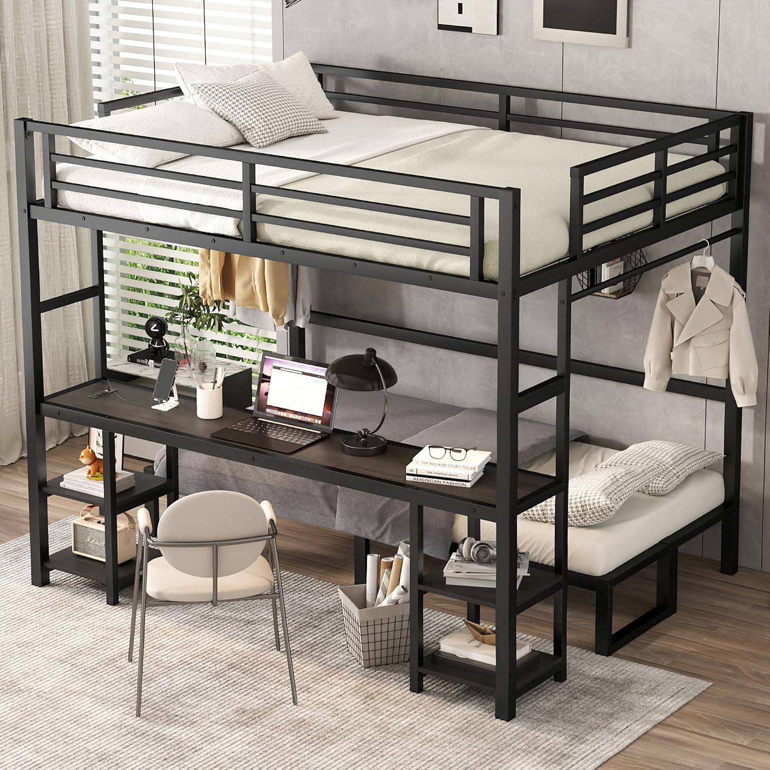 JIVOIT Queen Over Twin XL Metal Bunk Bed/Loft Bed, Multi-Functional Folding Design with Desk and Shelves, Multiple Uses Folds into Sofa, No Box Spring Needed