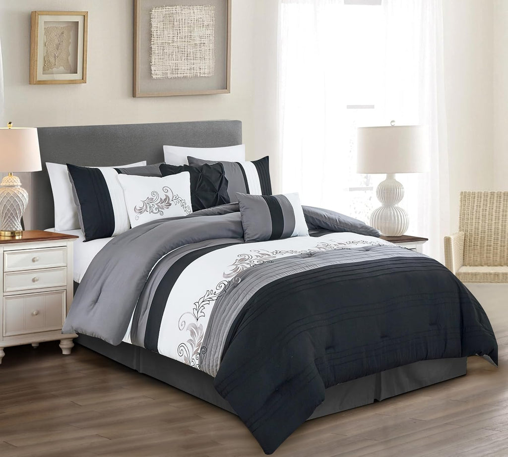 Chezmoi Collection Napa 7-Piece Luxury Leaves Scroll Embroidery Bedding Comforter Set (California King, Black/Gray/White)