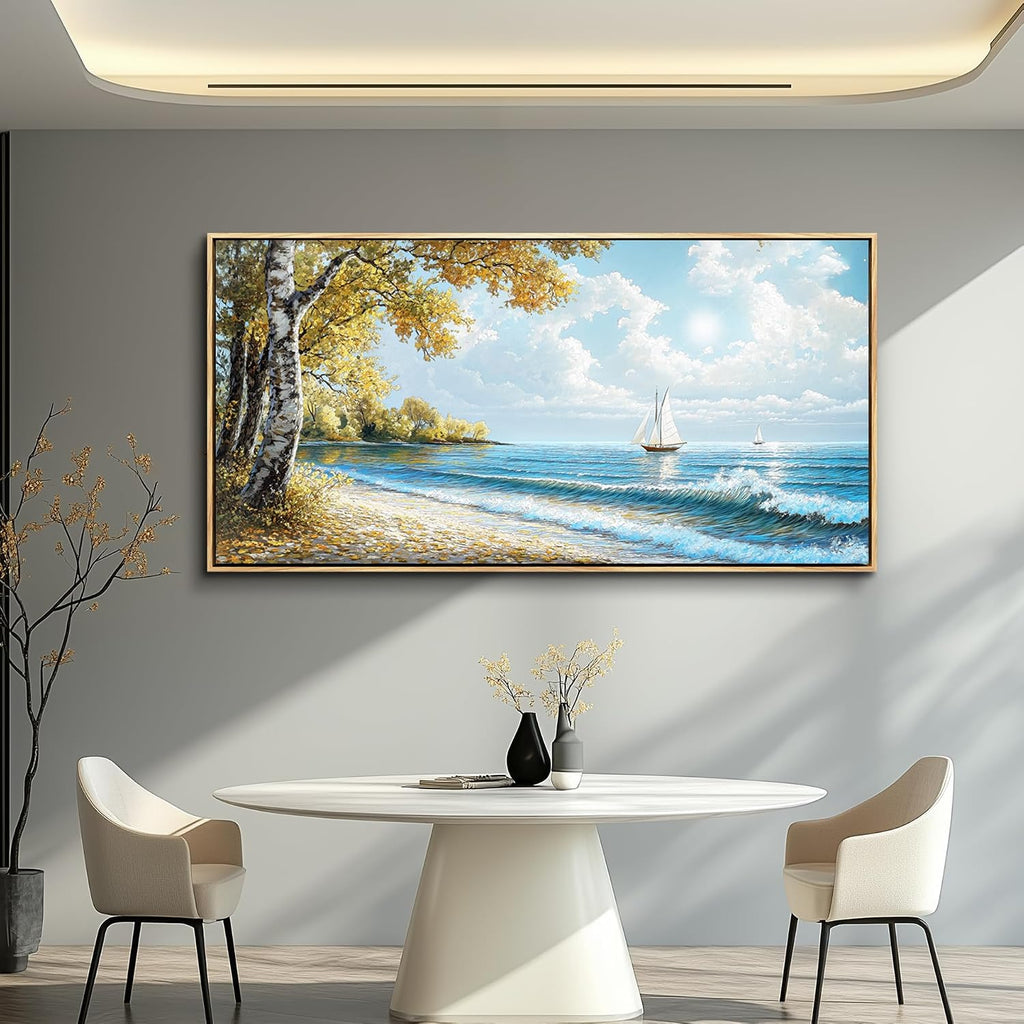 JUDASJART Wall Decor For Bedroom Large Wall Art For Living Room Office Decorations Blue Beach Sea Wave Paintings Ocean Seascape Wall Pictures Canvas Artwork Home Decor Ready To Hang Wood Framed