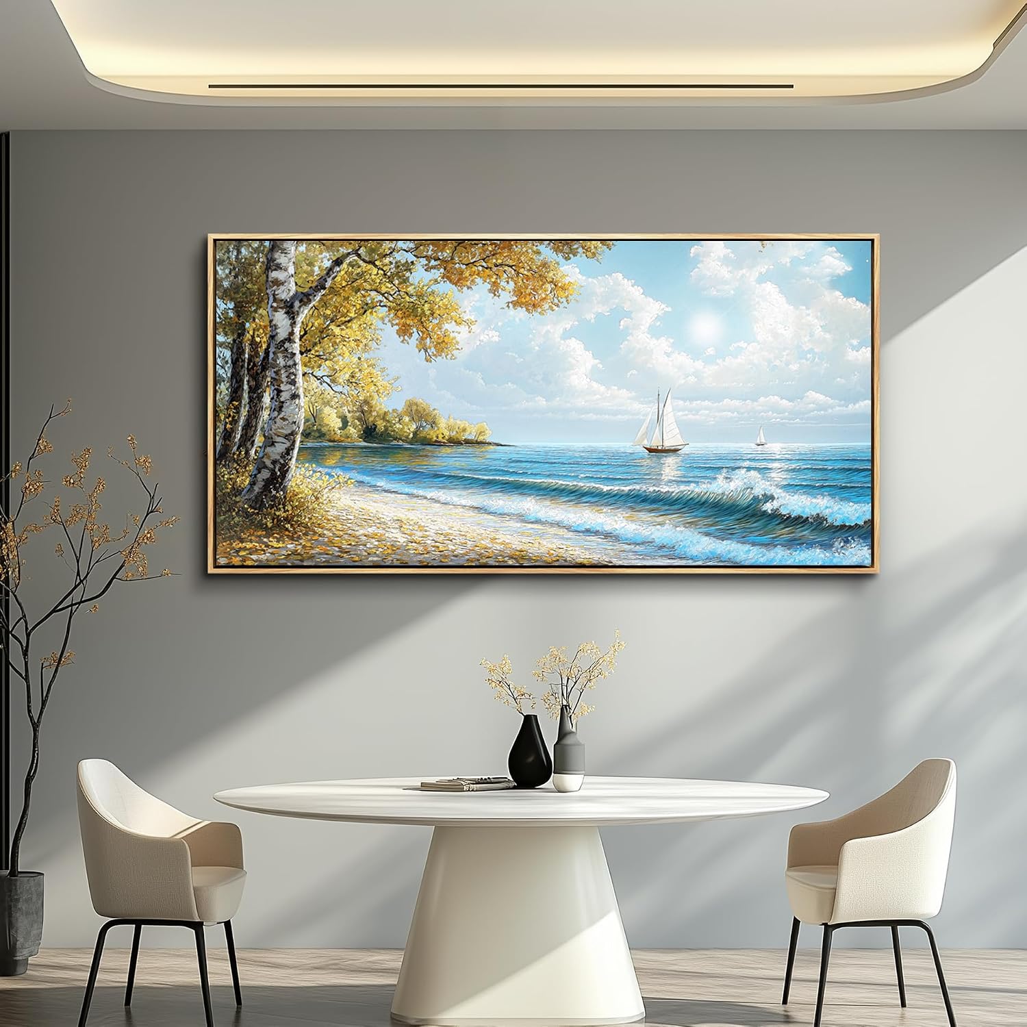 JUDASJART Wall Decor For Bedroom Large Wall Art For Living Room Office Decorations Blue Beach Sea Wave Paintings Ocean Seascape Wall Pictures Canvas Artwork Home Decor Ready To Hang Wood Framed