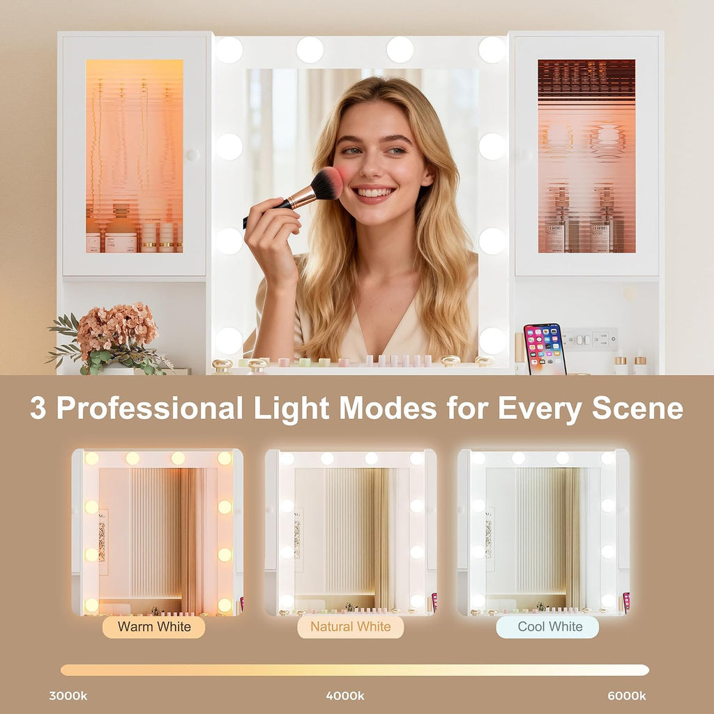 ERLEJIA Vanity Desk with Mirror and Lights, 42.52' 9 Drawer Makeup Table with 2 RGB Lighting Cabinets and Power Outlet for Girls and Ladies Bedroom, White