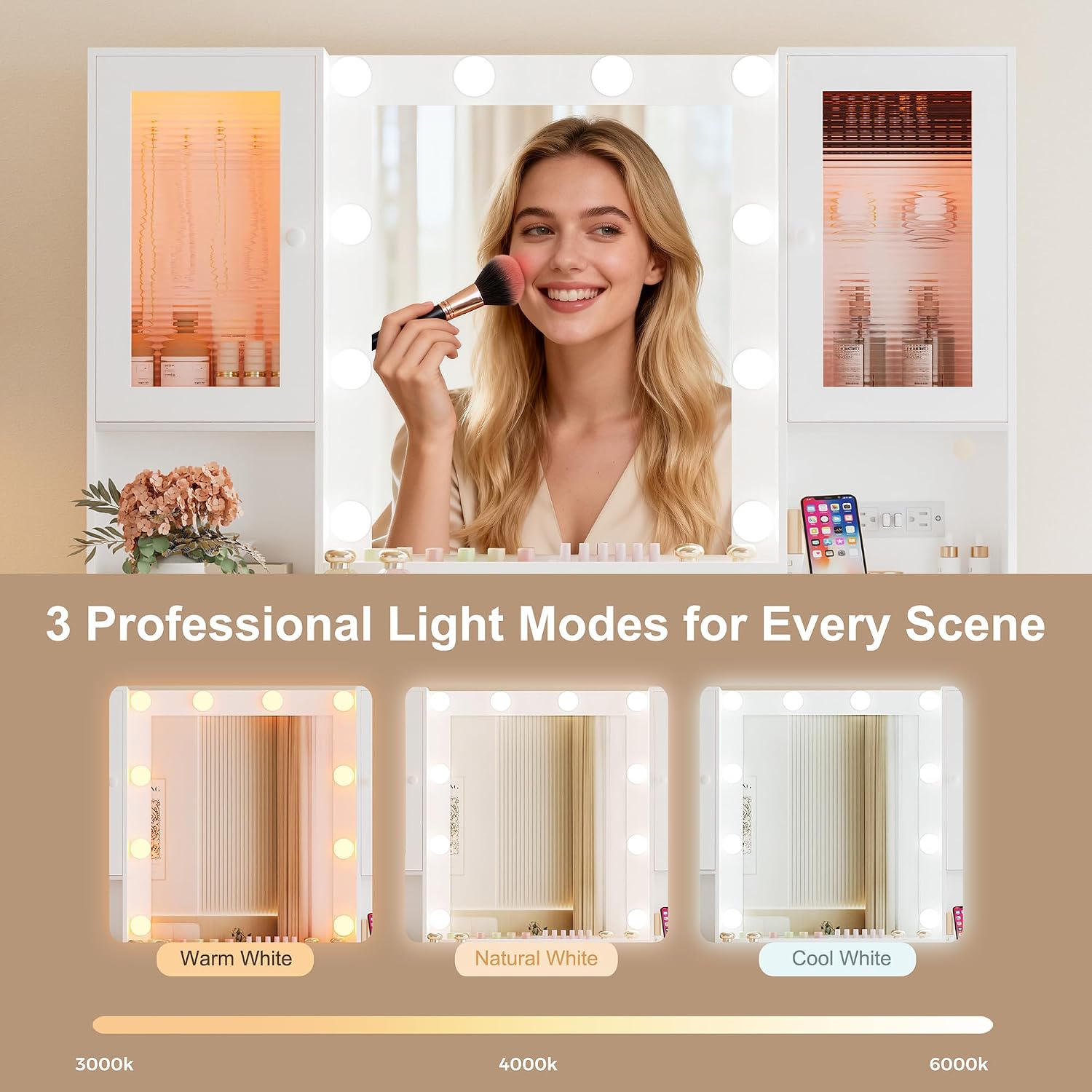 ERLEJIA Vanity Desk with Mirror and Lights, 42.52' 9 Drawer Makeup Table with 2 RGB Lighting Cabinets and Power Outlet for Girls and Ladies Bedroom, White