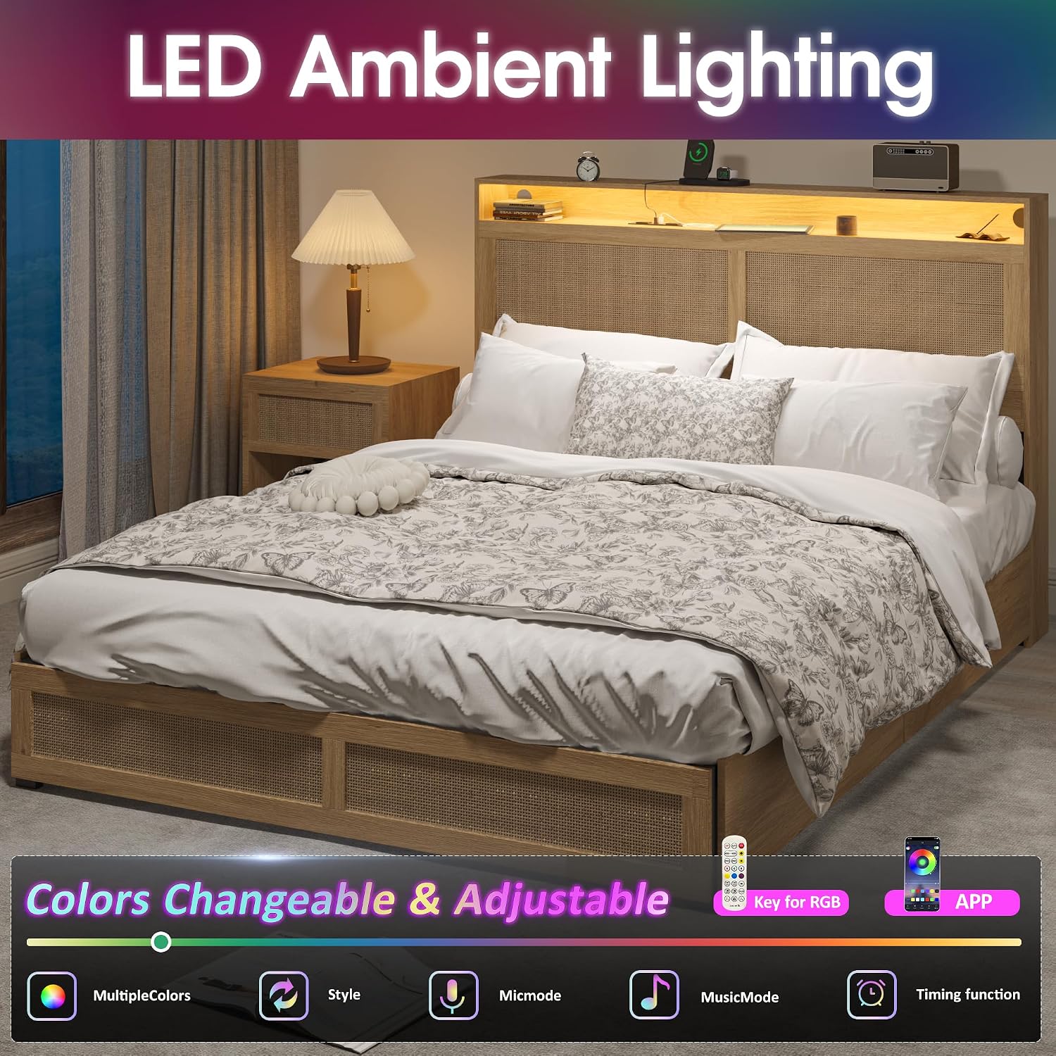 Fameill Full Bed Frame with LED Light and 4 Drawers, Rattan Hidden Storage Headboard, Charging Station, Metal Platform Boho Bed Frame No Box Spring Needed