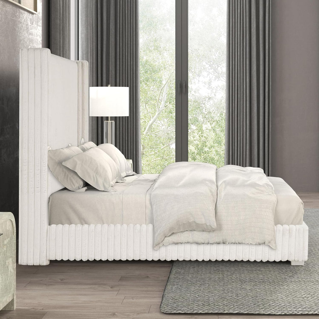 Furniture of America Plutforn Modern Wood 59-inch Full Platform Bed with Fur Chenille Fabric, No Box Spring Required for Bedroom, Guest Room, White