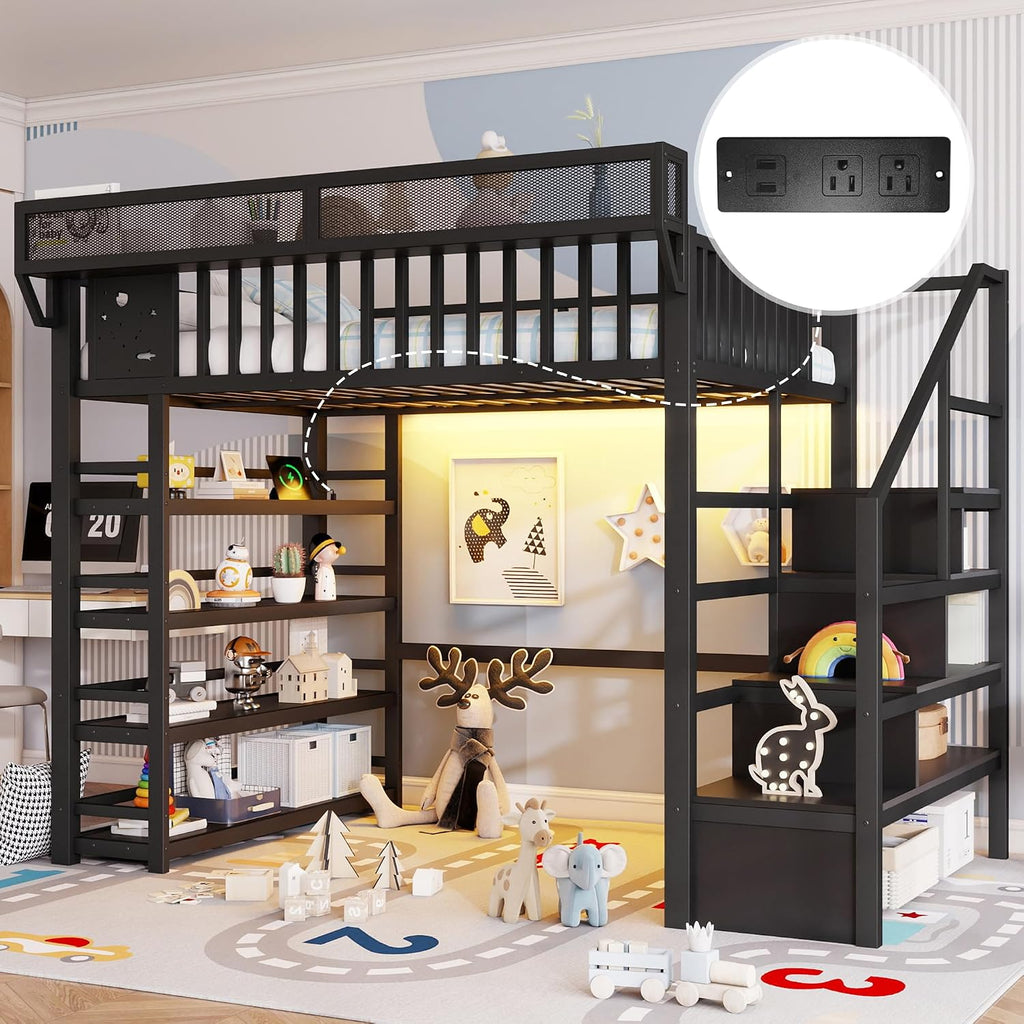 JIVOIT Metal Full Loft Bed with 4 Shelf Storage Rack, Stairs Storage, Open Shelves for Upper, Space-Saving Full Loft Bed with Guardrails and Metal Slats Support for Kids Teens (Black/1)