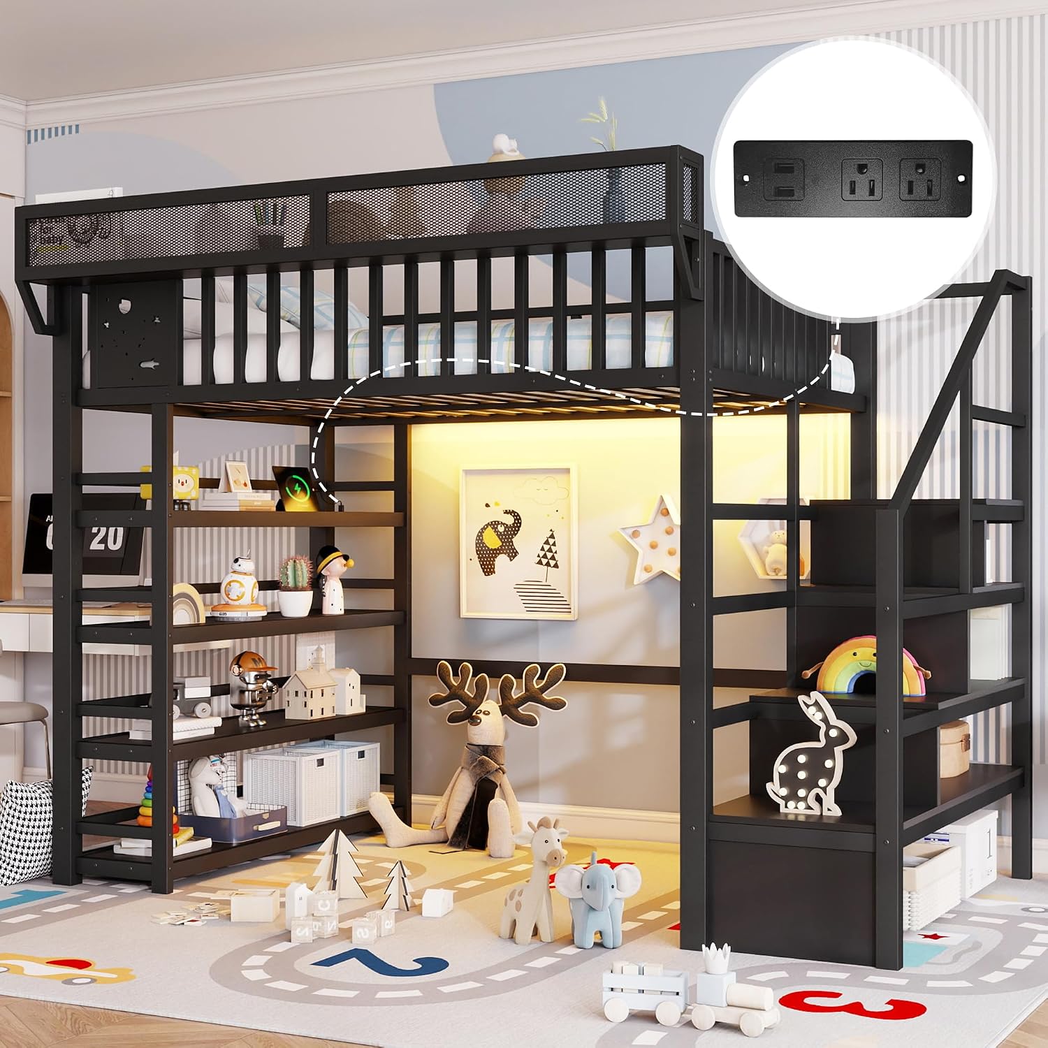 JIVOIT Metal Full Loft Bed with 4 Shelf Storage Rack, Stairs Storage, Open Shelves for Upper, Space-Saving Full Loft Bed with Guardrails and Metal Slats Support for Kids Teens (Black/1)