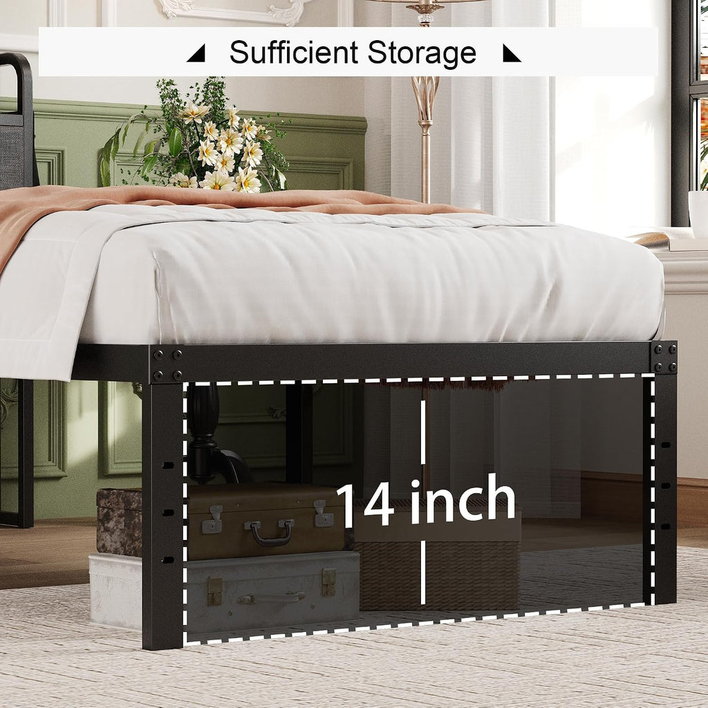 Lutown-Teen 16 Inch Twin Bed Frames with Upholstered Storage Headboard, Sturdy Single Bed Frame, No Box Spring Needed Twin Platform, Black