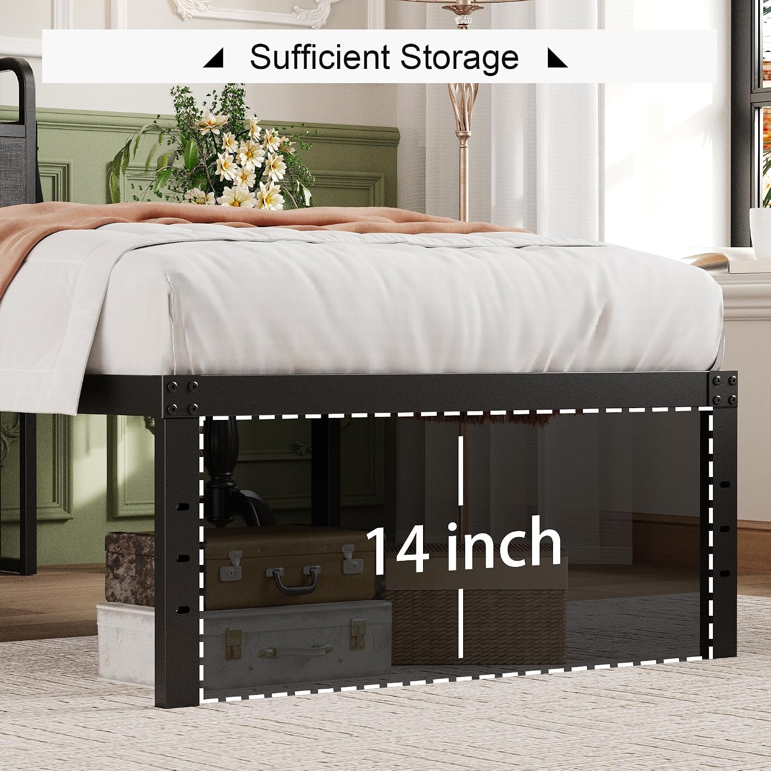 Lutown-Teen 16 Inch Twin Bed Frames with Upholstered Storage Headboard, Sturdy Single Bed Frame, No Box Spring Needed Twin Platform, Black