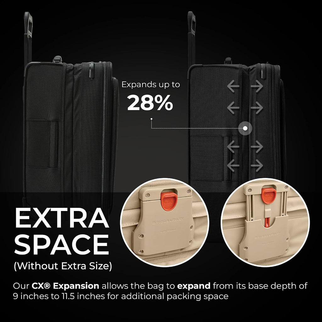 Briggs & Riley 26' Medium Expandable Upright - Checked Luggage for Travel, Suitcases with Wheels, Softside Rolling Bag for Men & Women, Self-Repairing Zipper - Baseline Collection, Black