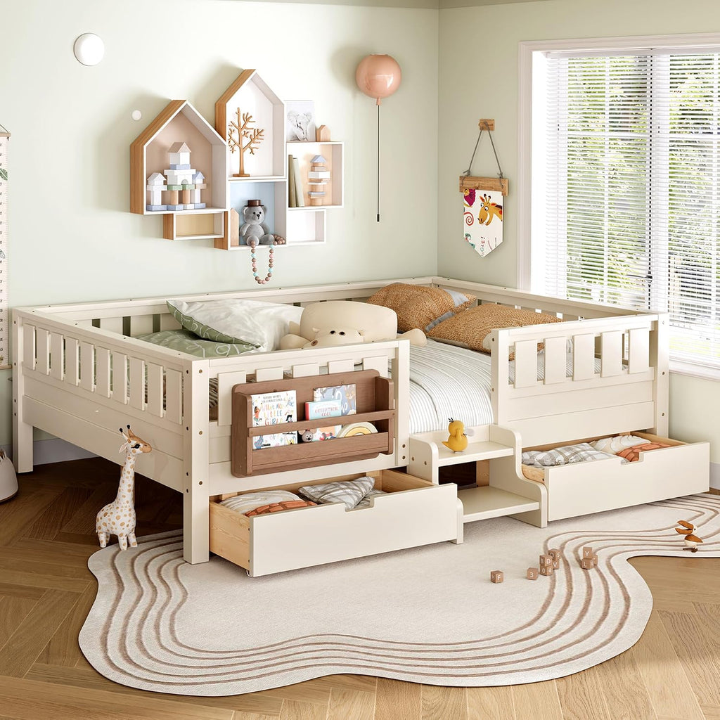Bellemave Queen Size Kids Montessori Bed with Stairs and Bookshelf,Solid Wood Queen Size Kids Bed Frame with Drawers and Storage for Girls Boys,Low-Profile,Beige