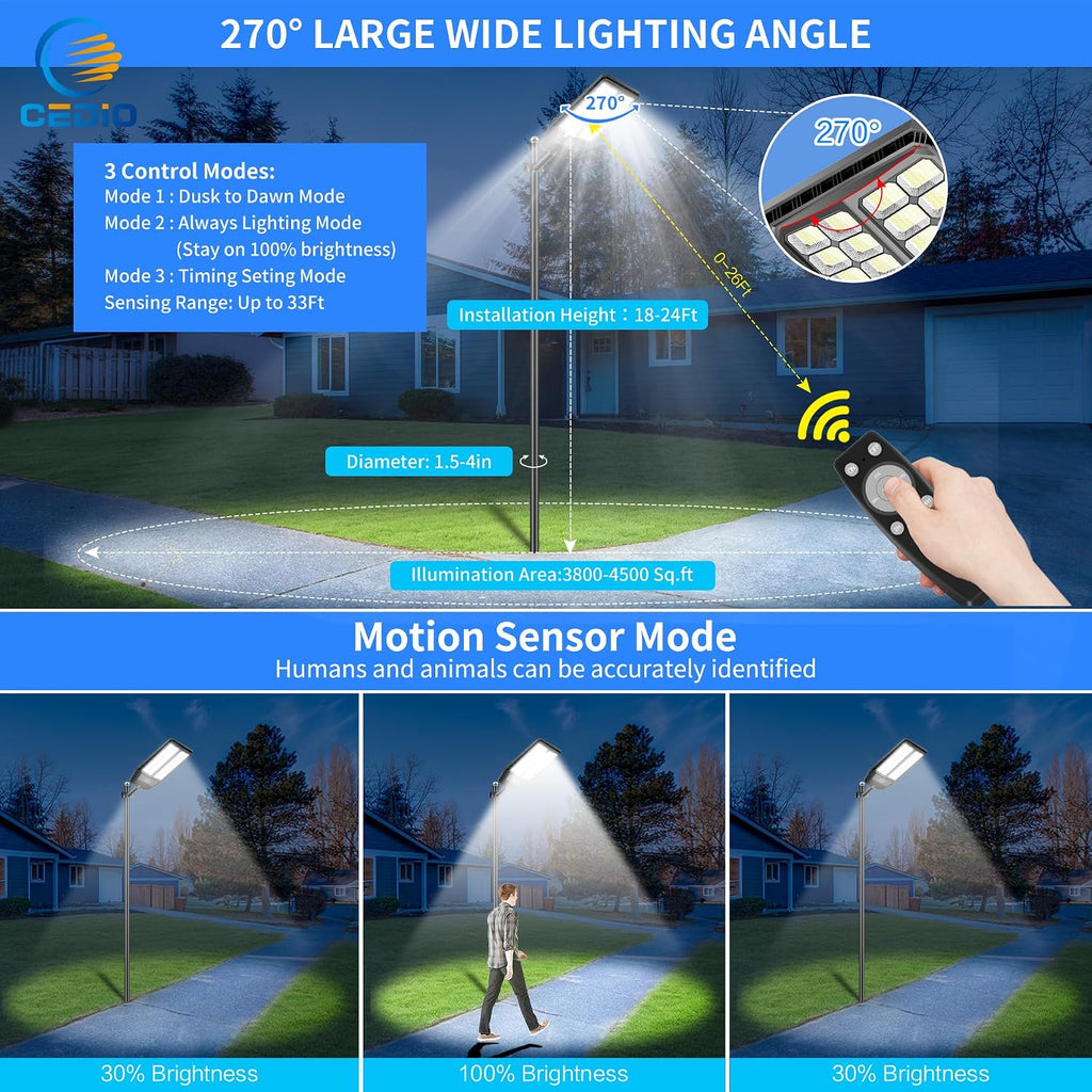 CEDIO 10000W Solar Street Lights Outdoor, Solar Lights Outdoor Waterproof Commercial Street Light Dusk to Dawn, LED Security Flood Light with Motion Sensor for Parking Lot, Yard, Garage, 2 Pack