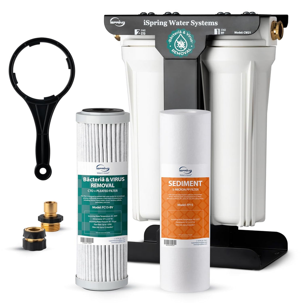 iSpring CW21-BV 2-Stage RV Water Filtration System for Campers, SGS-Tested Báctérïa and Viruses Removal, BPA-Free, High Capacity, 3/4'' Lead-Free Brass Hose Quick Connectors, Tankless