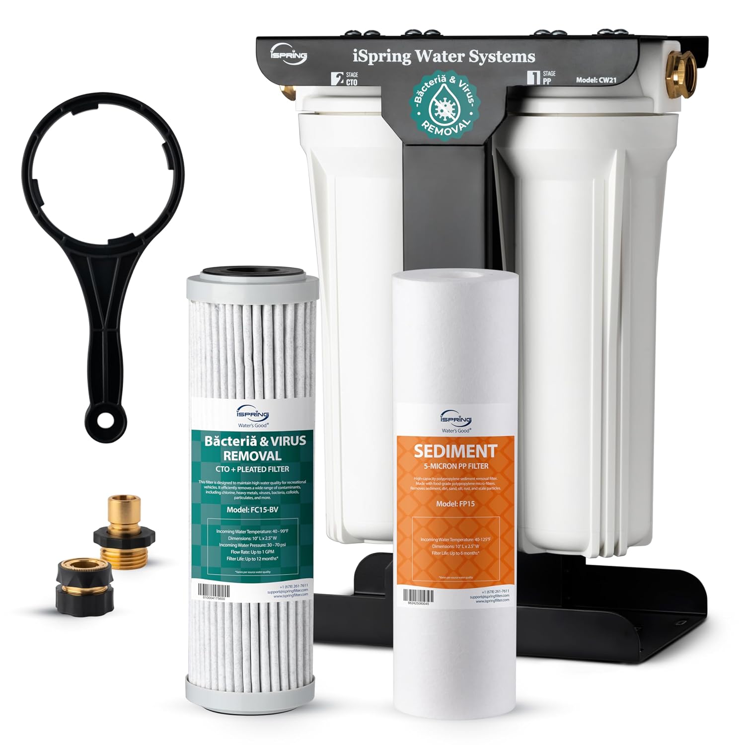 iSpring CW21-BV 2-Stage RV Water Filtration System for Campers, SGS-Tested Báctérïa and Viruses Removal, BPA-Free, High Capacity, 3/4'' Lead-Free Brass Hose Quick Connectors, Tankless