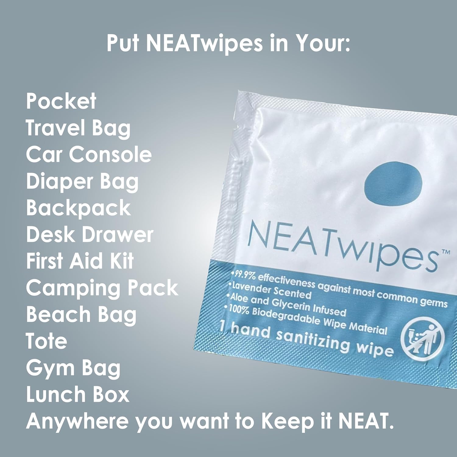 NEATwipes Hand Sanitizing Wipes | Travel Essentials | Disposable Wet Wipe & Planet Friendly | Lavender Essential Oil & Soothing Aloe | 10 Pouches of 24 Individually Wrapped Wipes