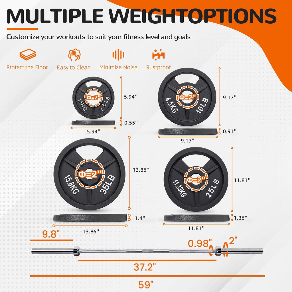 Signature Fitness 2-Inch Cast Iron Barbell Set, Including Multiple LBS Weight Plates and 6FT Barbell Set, Multiple