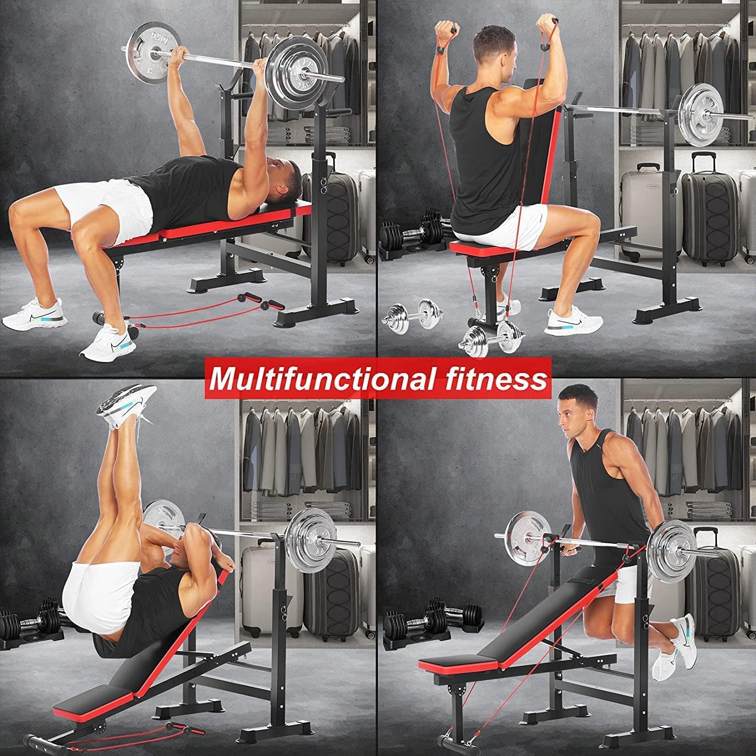 OPPSDECOR 600LBS 6 in 1 Weight Bench Set, Adjustable Bench Press Set and Squat Rack, Foldable Workout Benches for Home Gym, Incline Decline Flat Sit Up Strength Training Bench