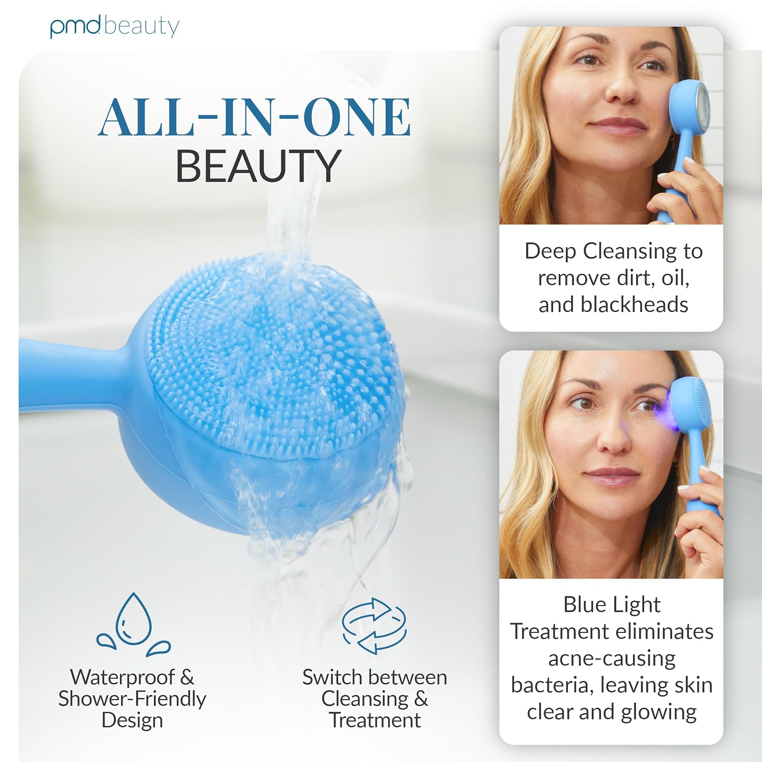 Clean, Acne, and Redvolution - Electric Facial Cleansing Brush, Smart Facial Device with Silicone Brush & Anti-Aging Massager, Red and Blue LED Light