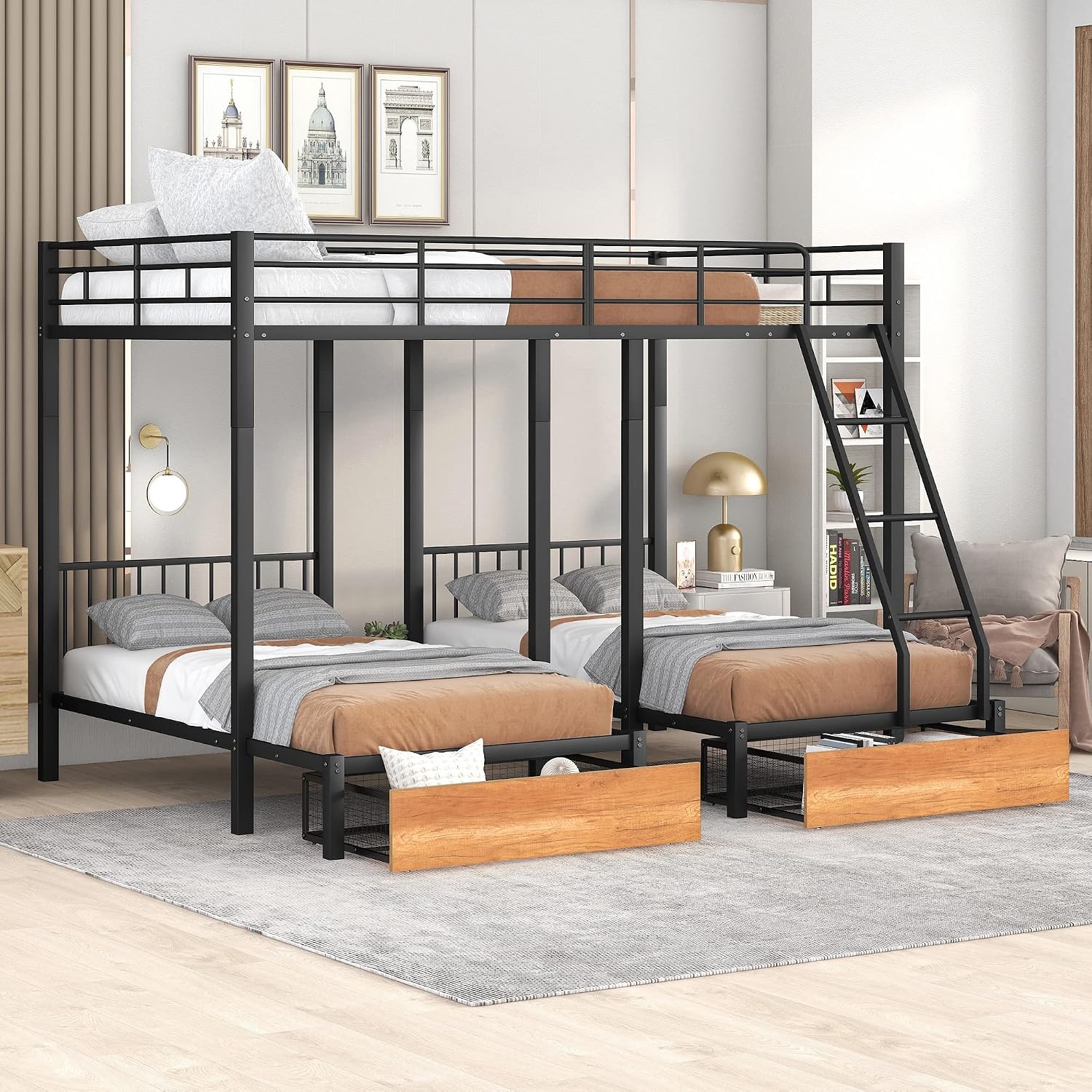 DEINPPA Triple Bunk Bed with Drawers, Can Be Separated into 3 Beds, Full Over Twin & Twin Bunk Bed,Metal Bed for Adult Kids Student Dormitory Bedroom Furniture Set, Black