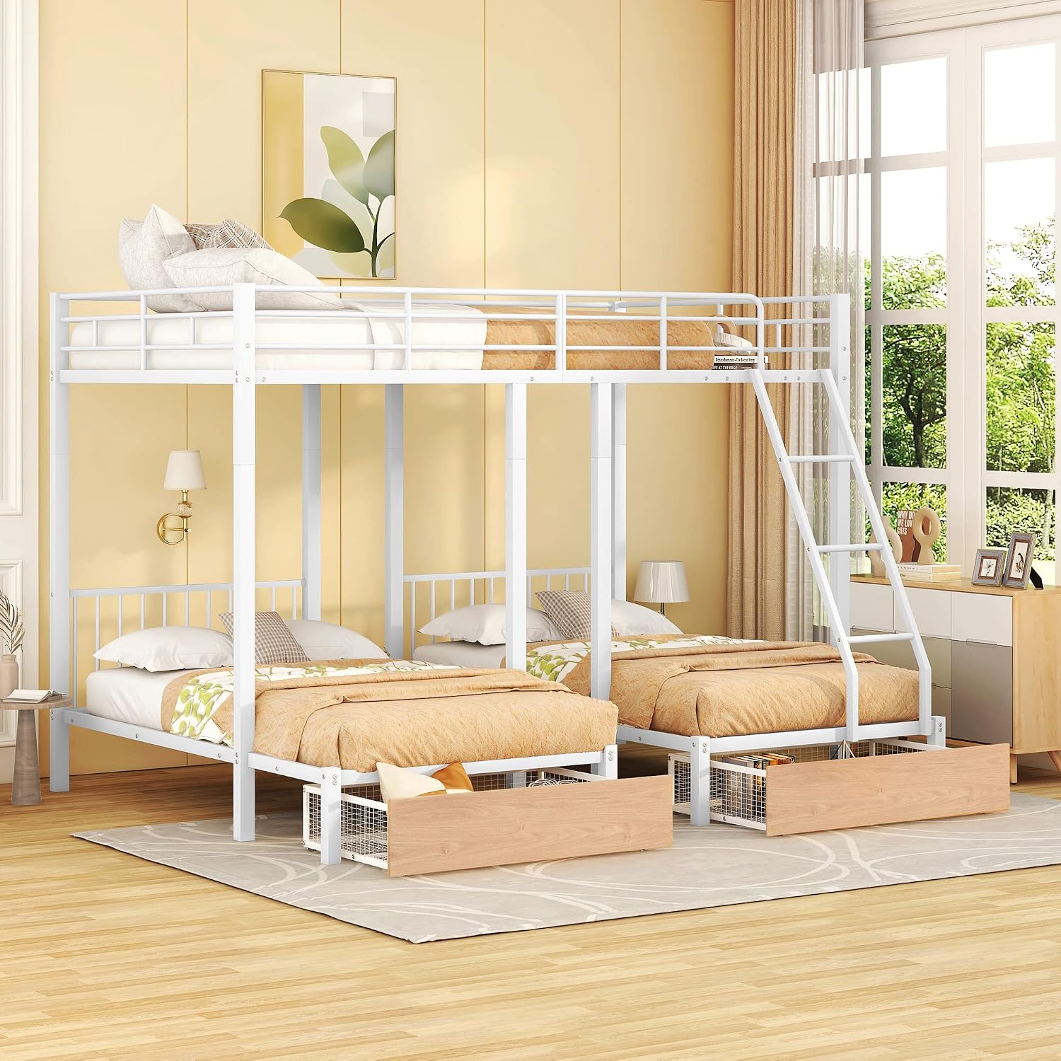 DEINPPA Triple Bunk Bed with Drawers, Can Be Separated into 3 Beds, Full Over Twin & Twin Bunk Bed,Metal Bed for Adult Kids Student Dormitory Bedroom Furniture Set, White