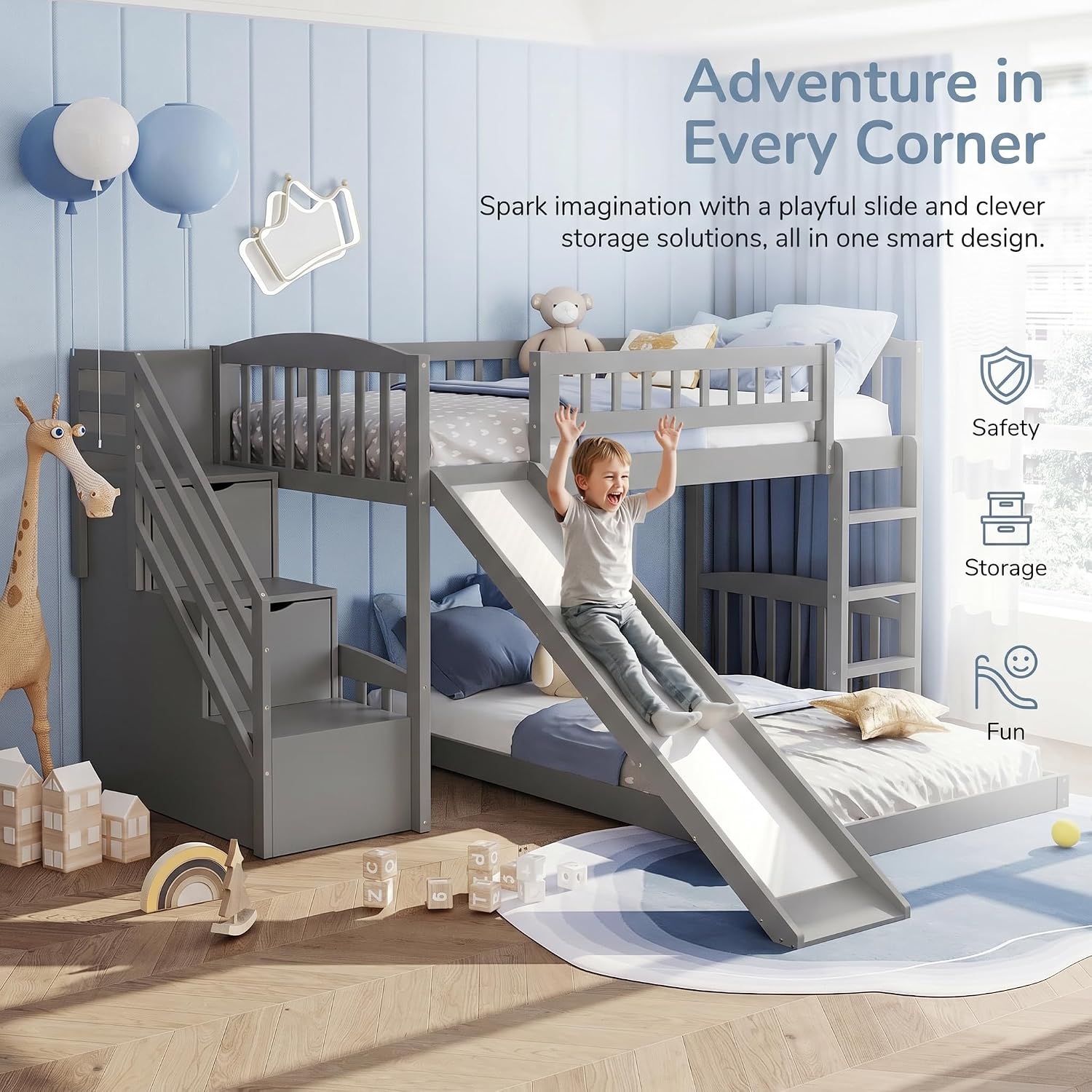 Bellemave Twin Over Twin Stairway Bunk Bed with 2 Storage Drawers and Slide, Pinewood Frame, Full-Length Guardrails, Convertible Ladder Slide Staircase, No Box Spring for Kids Bedroom (Grey)