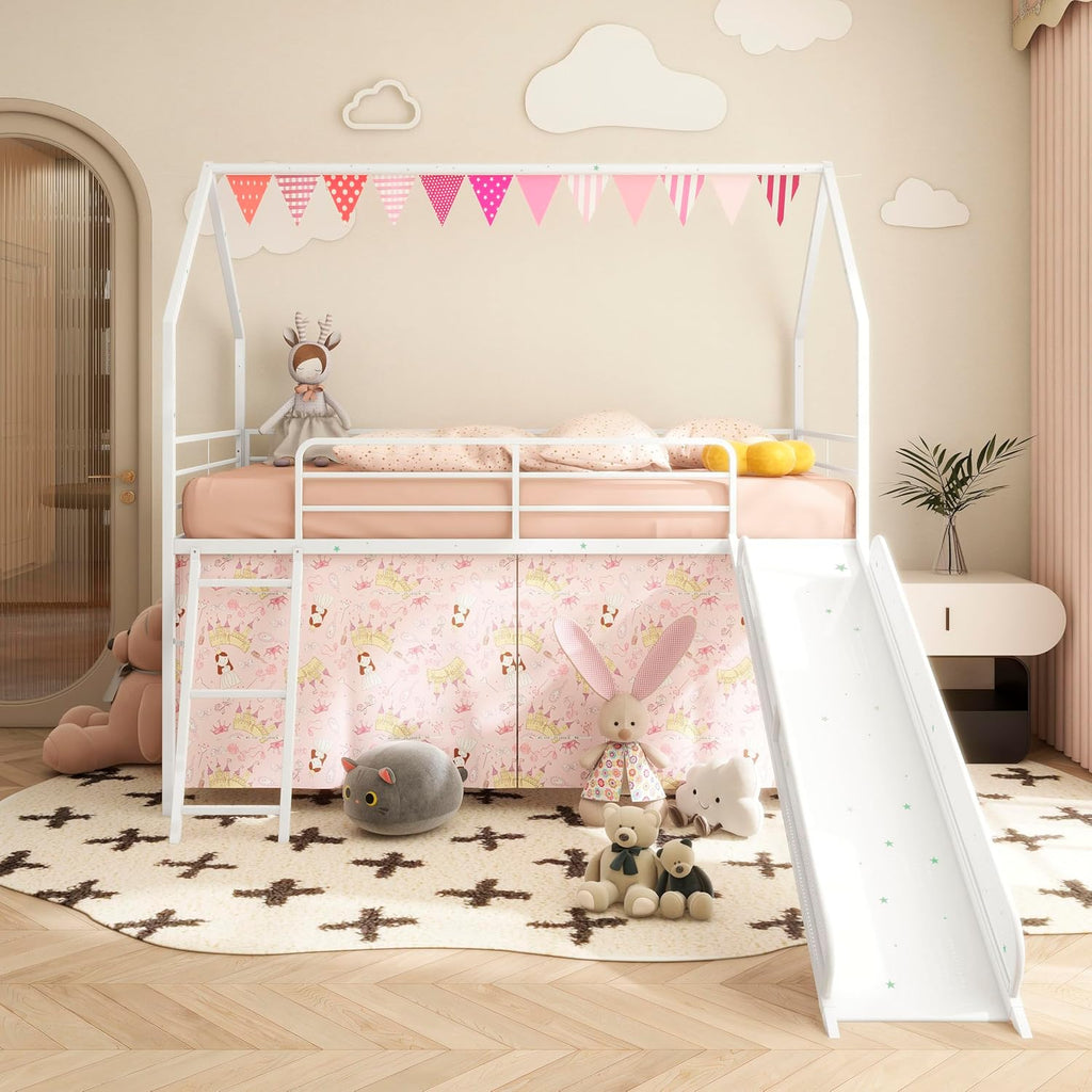 White and Pink Metal Twin Loft Bed with Slide and Curtain Set 76.7' L x 97.8' W x 74.7' H for Kids