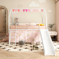 White and Pink Metal Twin Loft Bed with Slide and Curtain Set 76.7' L x 97.8' W x 74.7' H for Kids