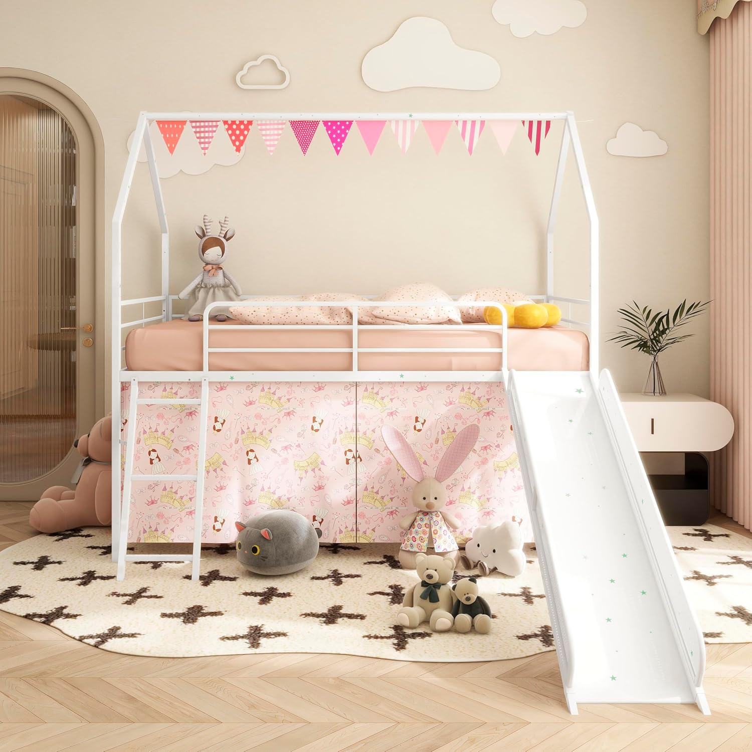 White and Pink Metal Twin Loft Bed with Slide and Curtain Set 76.7' L x 97.8' W x 74.7' H for Kids
