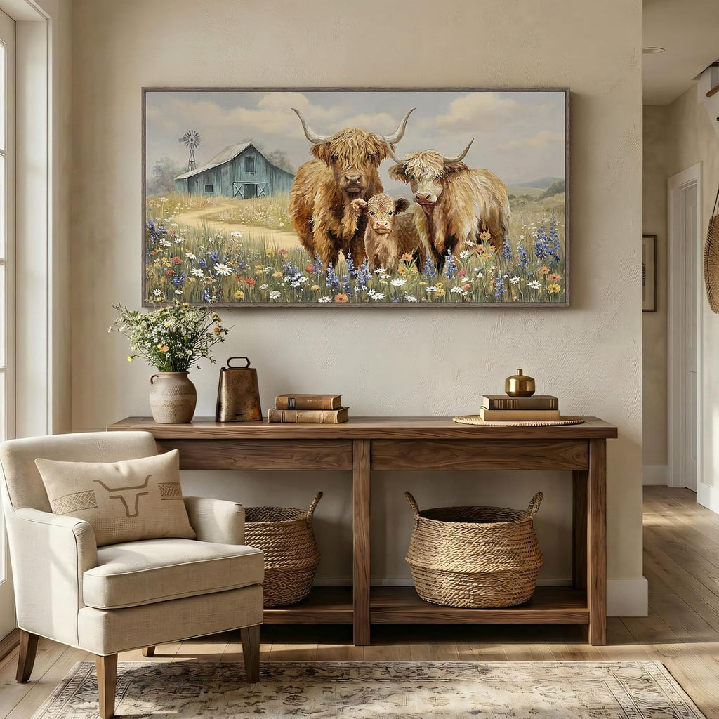 Large Framed Highland Cow Wall Art for Living Room, Vintage Neutral Farmhouse Canvas Prints, Rustic Country Barn Wall Decor for Bedroom Dining Room Hallway 30x60 Inch
