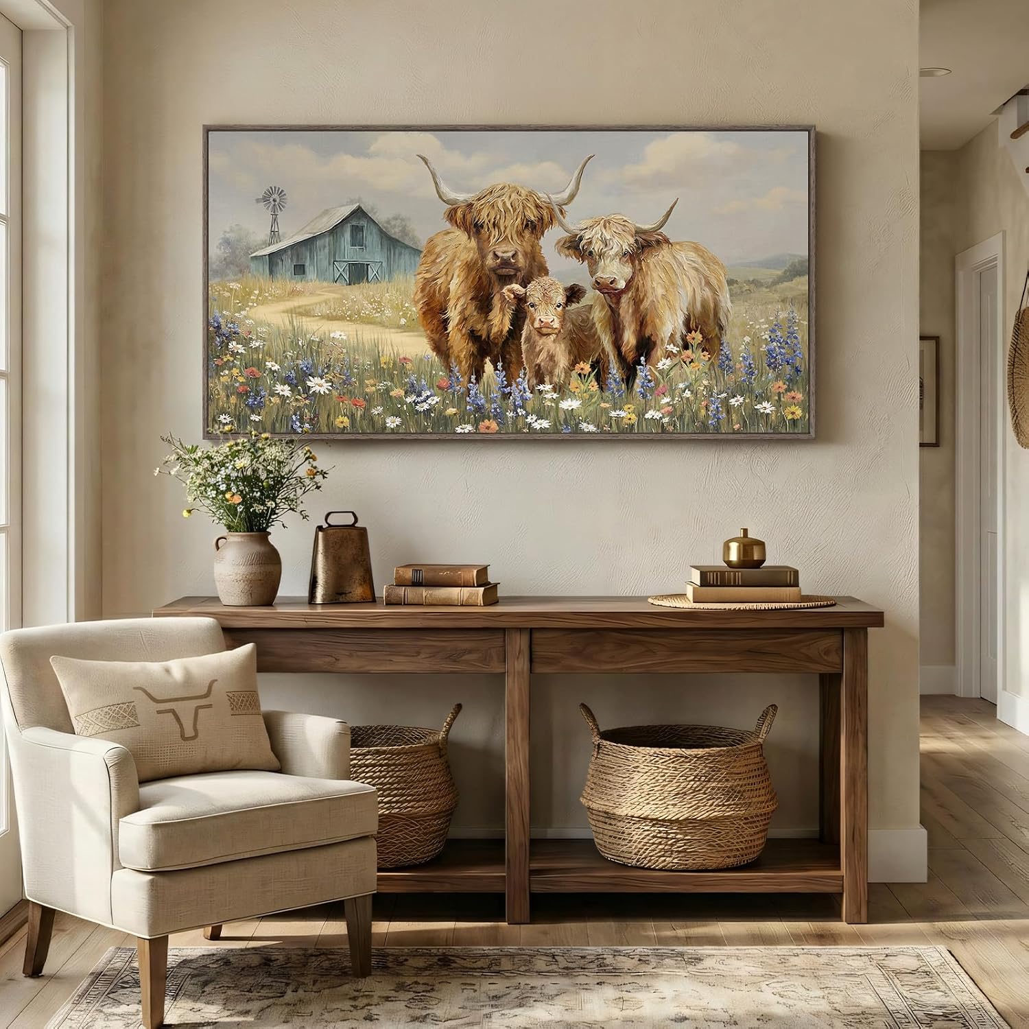 Large Framed Highland Cow Wall Art for Living Room, Vintage Neutral Farmhouse Canvas Prints, Rustic Country Barn Wall Decor for Bedroom Dining Room Hallway 30x60 Inch
