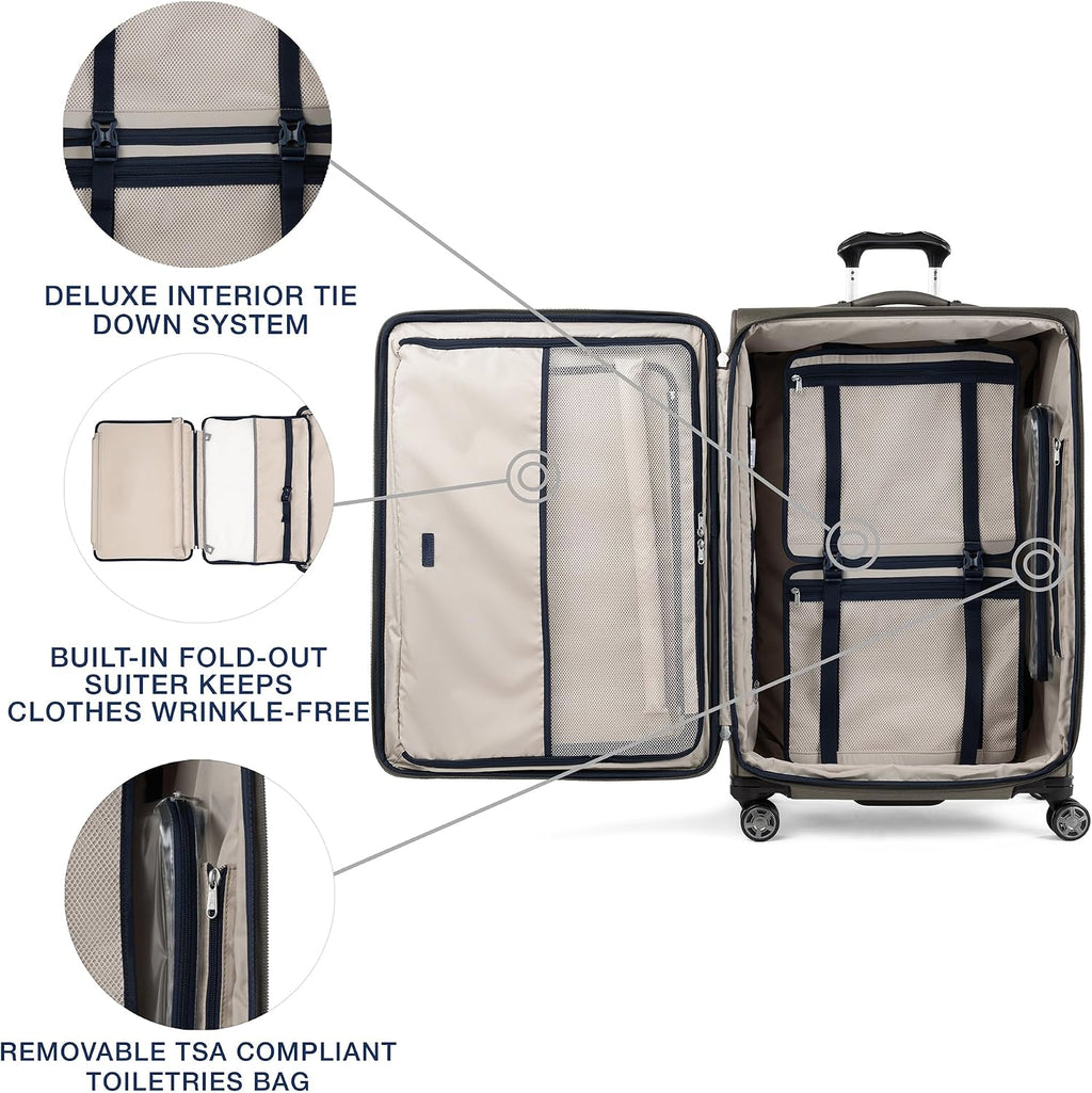 Travelpro Platinum Elite Softside Expandable Checked Luggage, 8 Wheel Spinner Large Suitcase, TSA Lock, Men and Women, Metallic Sand, Checked Large 29-Inch