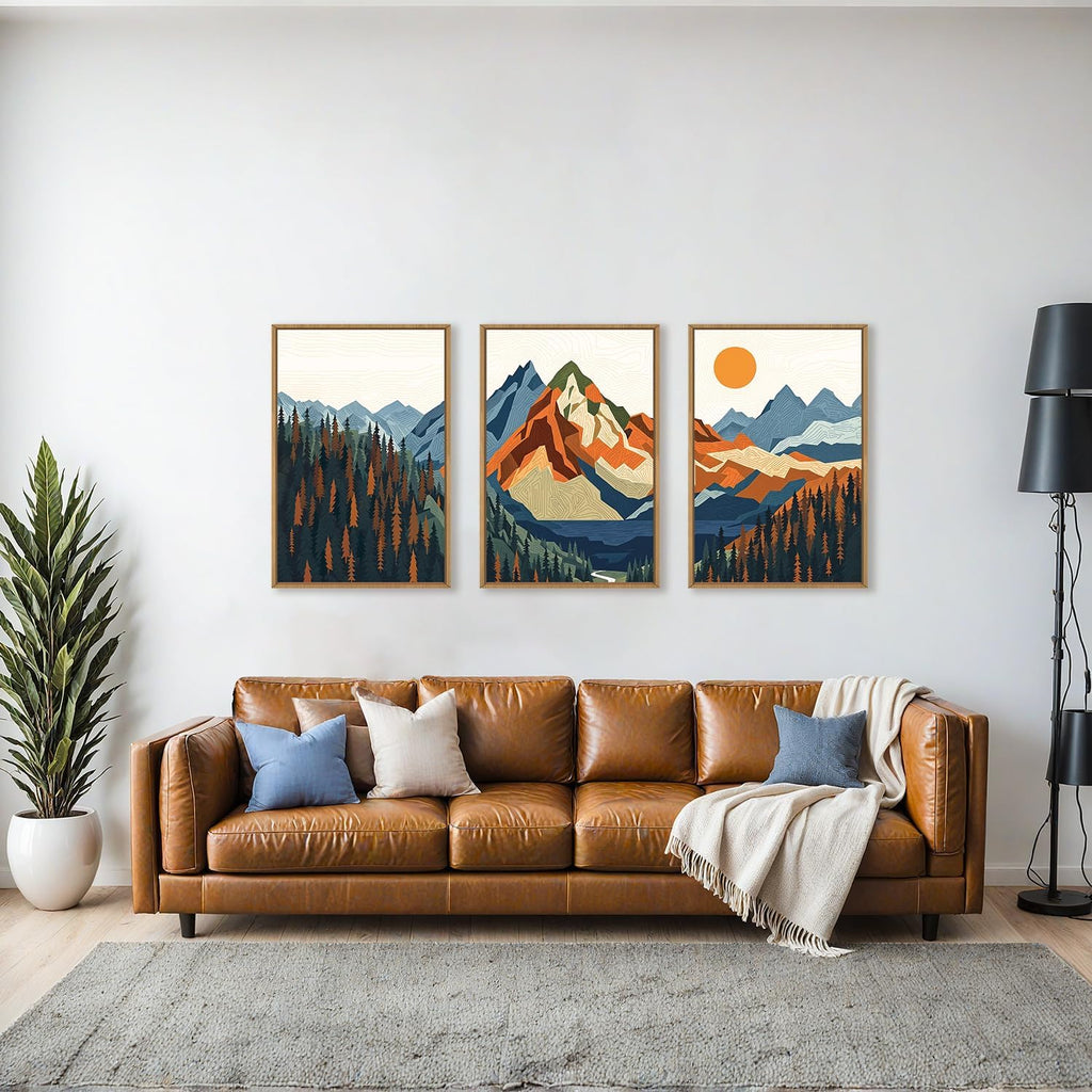 FWIEXA Vintage Mountain Framed Canvas Wall Art Set, Boho Sunrise Wall Prints, Abstract Nature Forest Artwork, Retro Lake Sunset Painting, 3 Panel 24x36 Inches Modern Rustic Decor for Living Room, Bedroom, Office