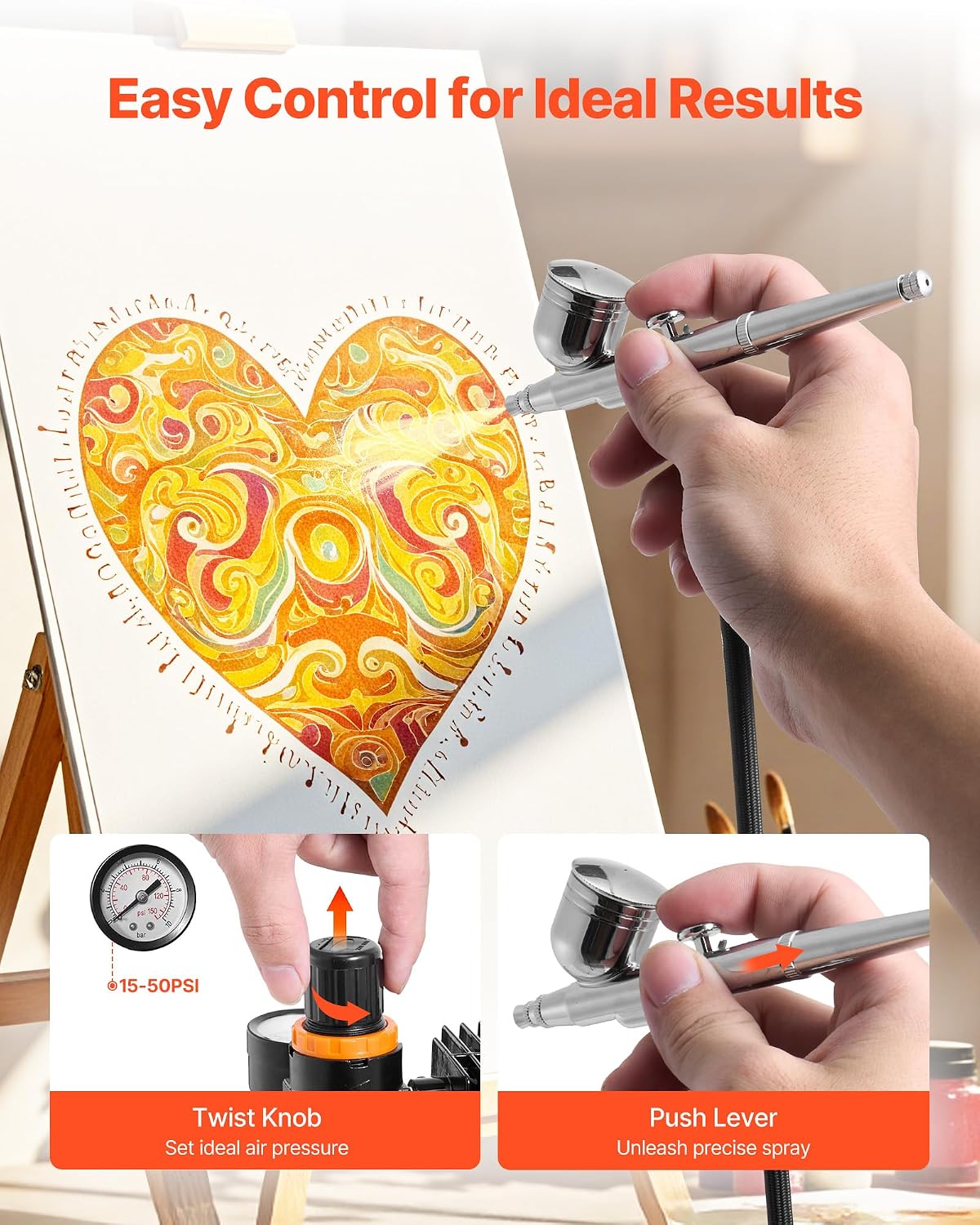 VEVOR Airbrush Kit, 1/6 HP, Air Brush Kit with Air Compressor, 3 Dual-Action Professional Airbrushes with 3 Tips, Hose, Acrylic Paint, Brush, Low Noise, for Cake Decorating, Model Painting, Nail Art