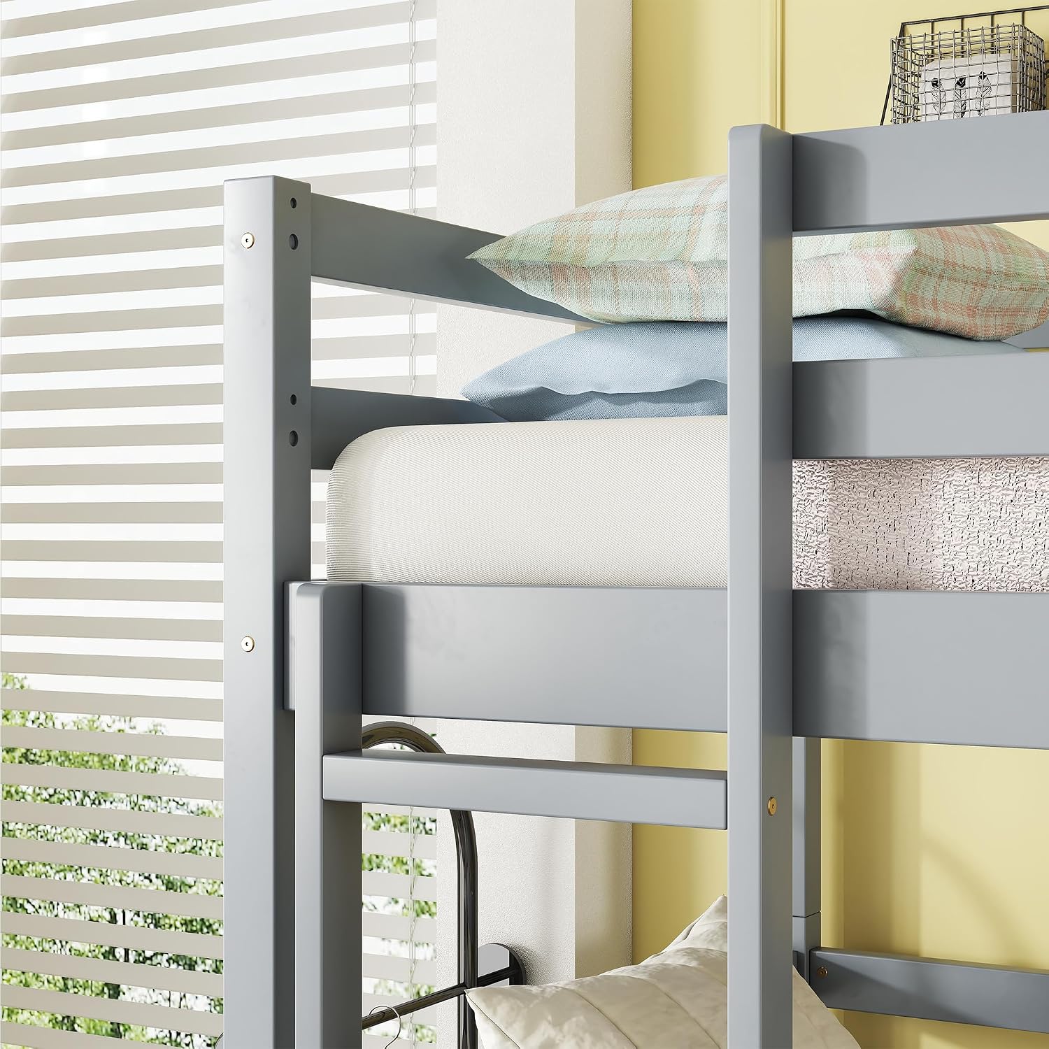 Triple Bunk Bed, Detachable Triple Twin Bunk Bed, 3 Rubber Wood Bunk Bed with Two Built-in Ladders, Guardrails, Twin Over Twin Over Twin for Kids, Grey