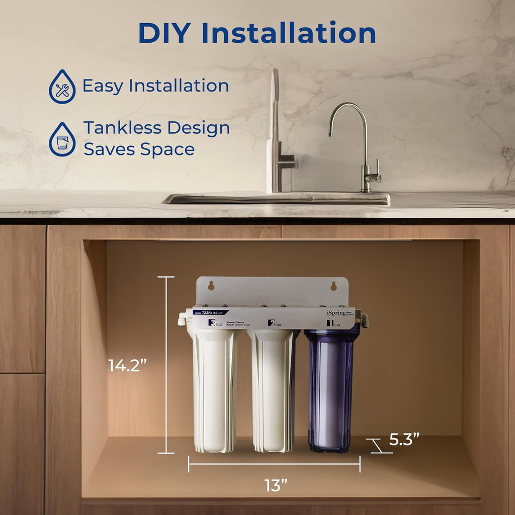 iSpring US31-PF 3-Stage Under Sink Water Filtration System, SGS-Tested to Reduces up to 99% PFOA & PFOS, 3-Stage Filtration Reduces Sediment, Chlorine, Taste & Odor, 2.5' x 10'