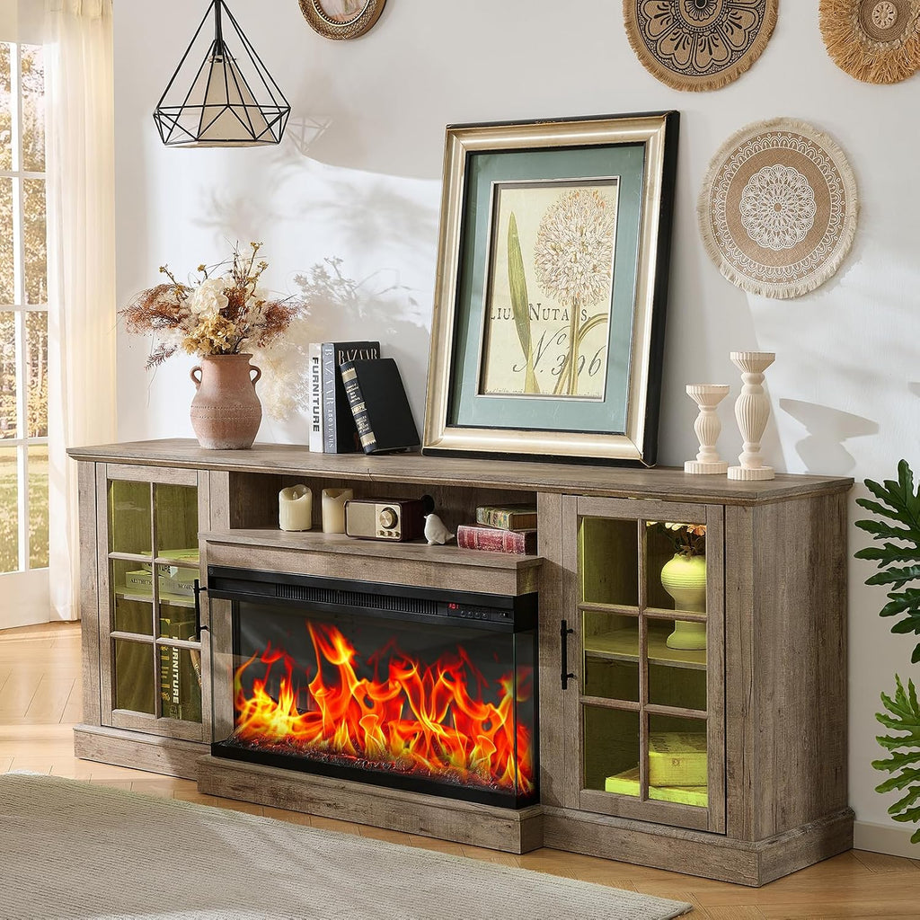 ROCKPOINT 3 Sided Glass 80' Fireplace TV Stand for TVs up to 90inch, Media Entertainment Center with Glass Door Storage Cabinet,36' Electric Fireplace with LED Light and Flame Colors,Grey